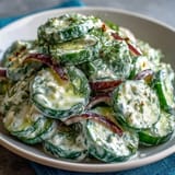 A refreshing bowl of Creamy Cucumber Dill Salad, featuring cool cucumbers and red onion in a creamy herb dressing.