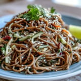 Chilled soba noodles tossed with colorful veggies and creamy sesame ginger dressing, perfect for a light summer meal.  
