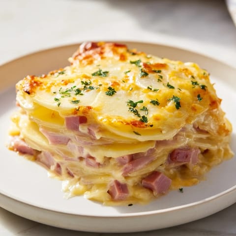 A casserole of Scalloped Potatoes with Ham, fresh from the oven, with a crispy, cheesy top.