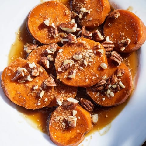 Golden, glazed candied yams bubbling in a baking dish, ready to serve for a comforting holiday side.