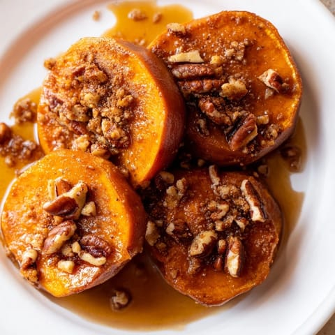 A close-up of glossy, perfectly caramelized candied yams, a classic American side dish.