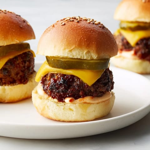 Golden sliders—mini hamburgers—with melted cheese, dripping special sauce, ready for a bite.