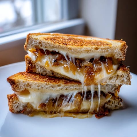 Golden-brown sourdough grilled cheese stacked with sweet, jammy caramelized onions and melted sharp white cheddar on a plate.