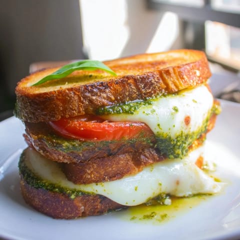 Close-up view of a warm Caprese Pesto Grilled Cheese, highlighting the vibrant green pesto spread and juicy tomato slices.