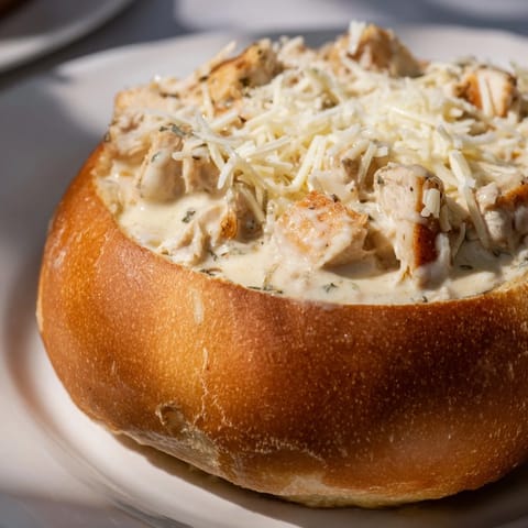 Savory diced chicken simmered in a velvety Alfredo sauce nestled inside a toasted bread bowl.  