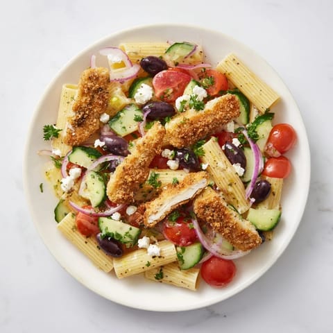 Crispy Chicken Greek Pasta features perfectly fried chicken pieces, al dente fusilli, and vibrant Mediterranean vegetables drizzled with a tangy red wine vinaigrette.  