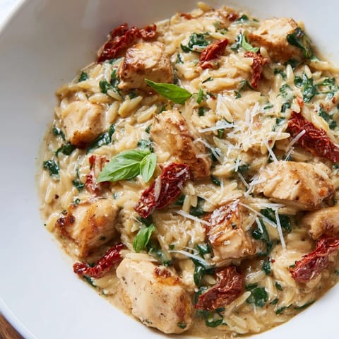 Golden-brown Tuscan Chicken Orzo simmering in a creamy sauce with sun-dried tomatoes and spinach in a skillet.