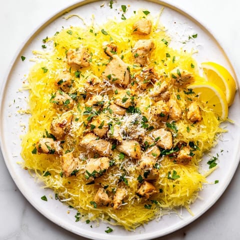 Golden roasted spaghetti squash strands topped with tender lemon garlic chicken, garnished with fresh parsley and grated Parmesan cheese.
