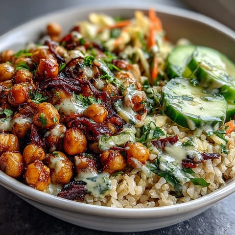 Savor this nourishing Peanut Chickpea Rice Bowl, a colorful medley of hearty grains, plant-based protein, and crisp veggies tossed in a savory-sweet peanut sauce.  