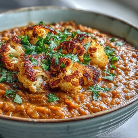 Creamy red lentil dhal with golden, cumin-roasted cauliflower florets, garnished with fresh cilantro, served in a rustic bowl.  
