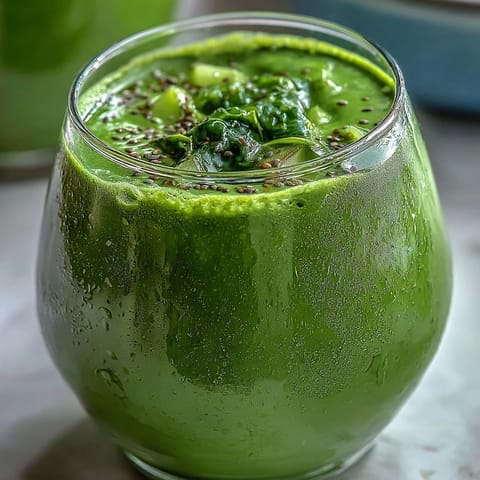 A tall glass of vibrant Green Detox Smoothie filled with leafy greens and topped with chia seeds, perfect for a refreshing morning boost.