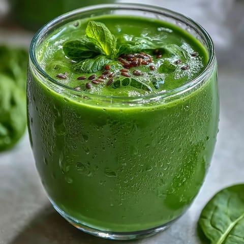 Freshly blended Green Detox Smoothie in a clear mason jar, garnished with mint and a slice of apple beside a lemon wedge.
