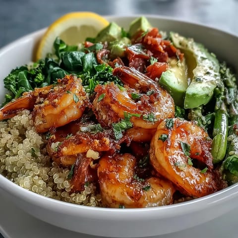 A vibrant Detox Buddha Bowl with Shrimp and Quinoa, featuring fluffy grains, tender shrimp, crisp broccoli, and creamy avocado slices.