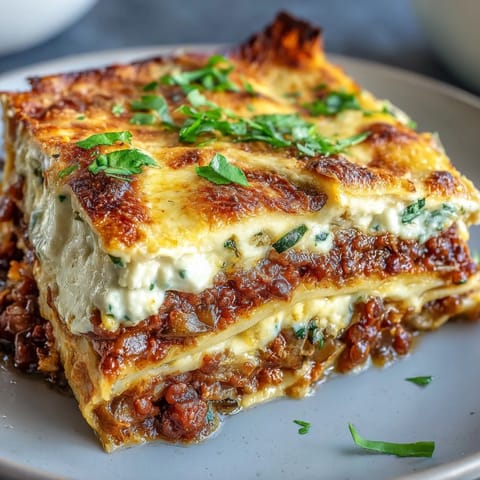 Golden, bubbling One-Pan Smoky Veggie Lentil Lasagne fresh from the oven with melted mozzarella.