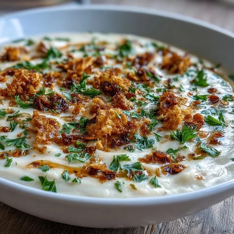 Creamy celeriac soup with hazelnut crumble served warm in a rustic earthenware bowl next to a glass of white wine.