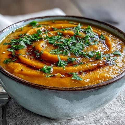 Creamy butternut squash and lentil soup served in a rustic bowl with fresh cilantro garnish and a slice of crusty bread.