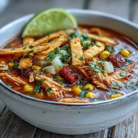 Homemade Best Chicken Tortilla Soup with shredded chicken, fire-roasted tomatoes, and sweet corn in a rich, zesty lime broth.