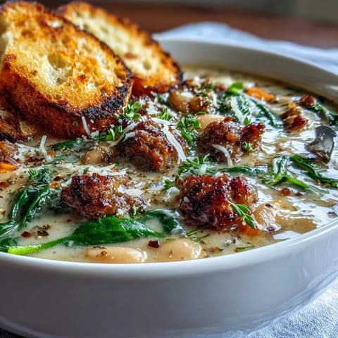 Hearty Creamy Tuscan White Bean Soup With Sausage in a Dutch oven, garnished with fresh herbs beside crusty bread.