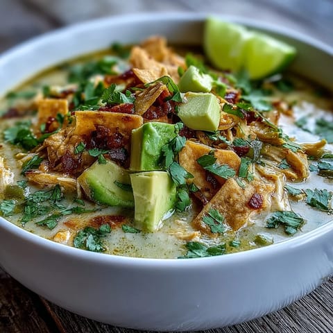 A steaming bowl of Creamy Chicken Tortilla Soup topped with cilantro and lime wedges on a wooden table.