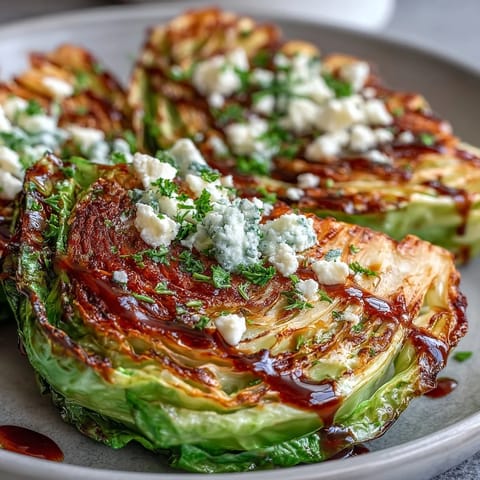 Thick charred cabbage steaks topped with creamy feta, drizzled with balsamic glaze for a tangy finish.