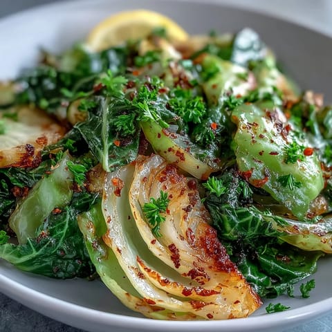 Tender green cabbage and red onion sautéed with garlic and Mediterranean spices, finished with fresh parsley on a plate.