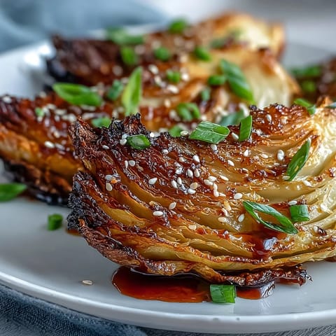 Fork cutting into tender Miso Butter Roasted Cabbage Wedges, revealing juicy layers and a drizzle of miso butter.