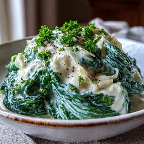 Tender Creamed Cabbage in a silky sauce, garnished with fresh parsley beside roasted chicken on a rustic table.