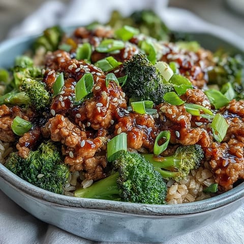 A close-up of Sweet and Spicy Turkey Broccoli Bowls with saucy ground turkey over fluffy brown rice and steamed broccoli, garnished with green onions and sesame seeds.