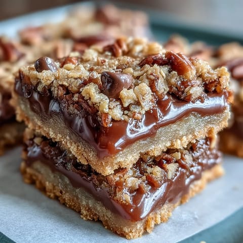 A close-up of melted chocolate pooling in the crumb topping of Decadent Sweet and Chewy Turtle Bars.