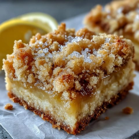 Golden-baked Homemade Lemon Crumb Bars sit on a wooden board, dusted with powdered sugar and showcasing a bright yellow lemon layer.
