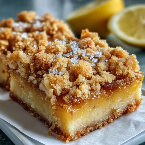 A slice of Homemade Lemon Crumb Bars reveals a tart lemon filling and buttery crumb topping, plated next to a steaming mug.