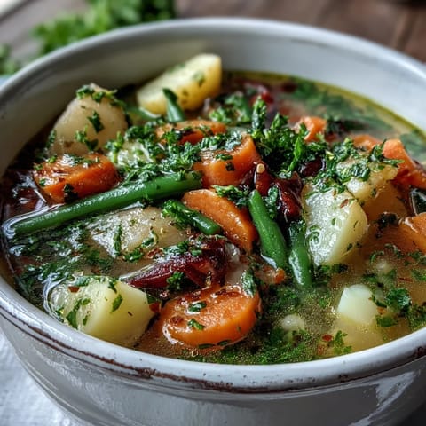Hearty Amish Snow Day Soup served hot with crusty bread and fresh parsley garnish.