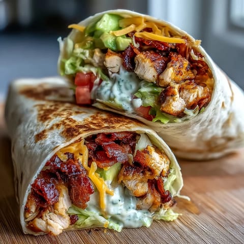 Grilled chicken strips and crispy bacon fill a warm tortilla with fresh lettuce and tomato.