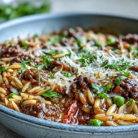 A warm skillet of Comforting Ground Beef Orzo Dinner topped with melted Parmesan and fresh parsley, steaming beside a fork.