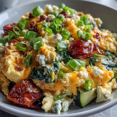 Vibrant scrambled egg and veggie bowl with fluffy eggs, melted cheddar, and sautéed bell peppers served in a rustic ceramic dish.