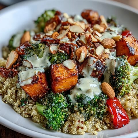 A vibrant Meal Prep Week-Long Power Bowl with roasted sweet potatoes, broccoli, and chickpeas on a bed of fluffy quinoa.