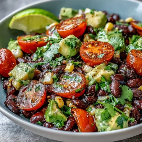 A top-down view of a Black Bean and Veggie Bowl with diced avocado, cherry tomatoes, corn, and cilantro on a rustic table.