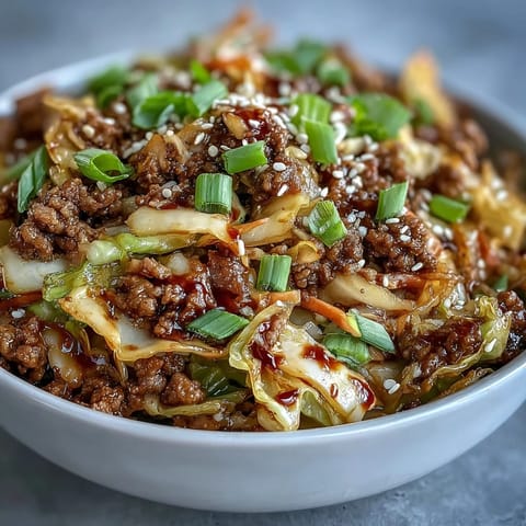 Sizzling ground pork sautéed with garlic, ginger, and onions, creating a savory base for this quick Egg Roll in a Bowl.