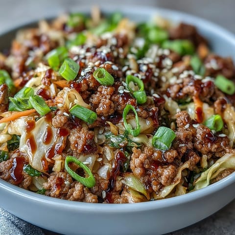 Heaping pile of crunchy cabbage slaw mix tossed into the skillet, wilting slightly while keeping a fresh, crisp texture.