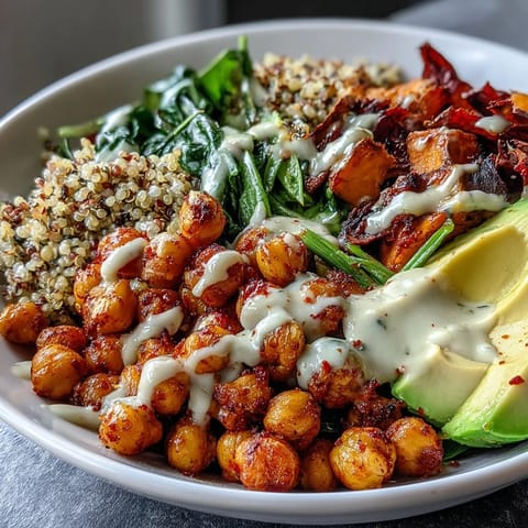 A vibrant bowl of Roasted Chickpea Power Bowl with crispy chickpeas, roasted veggies, and creamy tahini drizzle over quinoa.