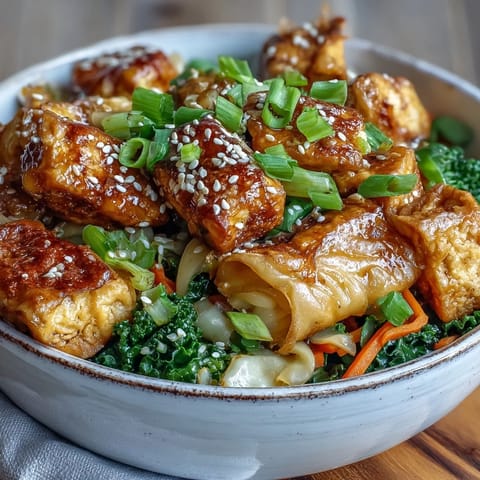 A close-up of Tofu Egg Roll in a Bowl featuring golden pan-fried tofu cubes nestled with vibrant green cabbage, kale, and julienned carrots, glistening with a savory sesame-soy sauce.