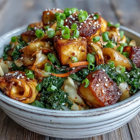 Tofu Egg Roll in a Bowl served steaming in a ceramic dish, garnished with fresh green onions and sesame seeds, ready for a quick weeknight dinner.