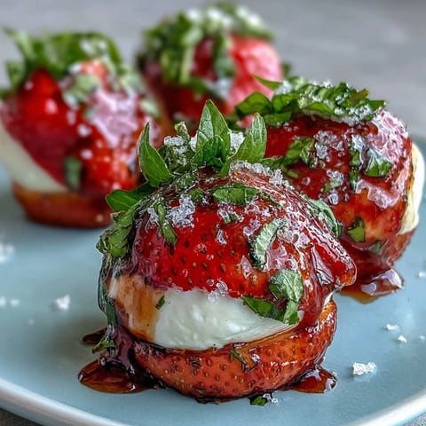 Vibrant strawberry caprese skewers with mozzarella and basil, drizzled with balsamic reduction for a sweet-tangy bite.