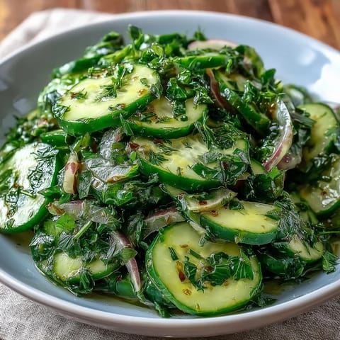 A vibrant cucumber radish salad with dill vinaigrette, showcasing crisp cucumber slices and peppery radishes in a bright herb dressing.