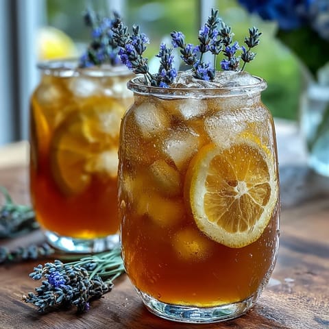 Lavender Honey Lemonade in a glass pitcher with lemon slices and lavender sprigs, refreshing and floral drink perfect for spring gatherings.