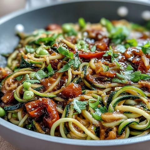 Zucchini noodle stir-fry with peanut sauce, vibrant and fresh, topped with crunchy peanuts and cilantro.