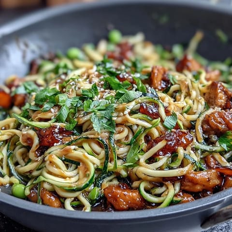Creamy peanut sauce coats spiralized zucchini and crisp vegetables in a quick, healthy Asian-inspired dinner.
