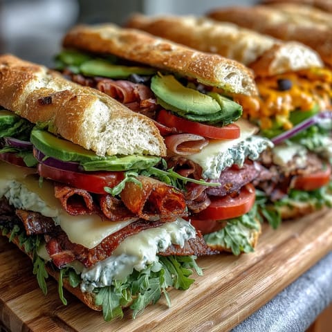 Loaded deli sandwich board with assorted meats, cheeses, and fresh vegetables for customizable picnic sandwiches.  