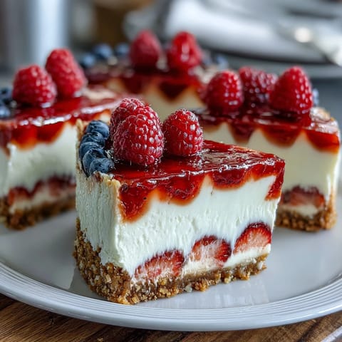 Festive no-bake cheesecake decorated with fresh berries to resemble the American flag, perfect for Fourth of July celebrations.
