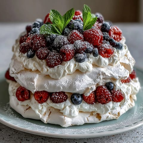 1. Mothers Day Pavlova with Mixed Berries: Crisp meringue shell topped with fluffy whipped cream and a colorful medley of fresh strawberries, raspberries, blueberries, and blackberries.  